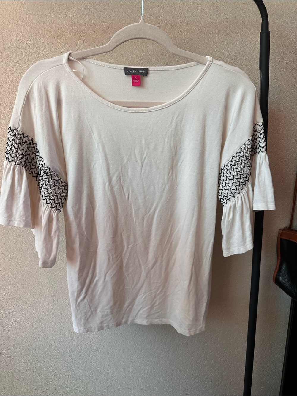Vince Camuto Cream Short Sleeve Top with Black Sleeve Embroidery